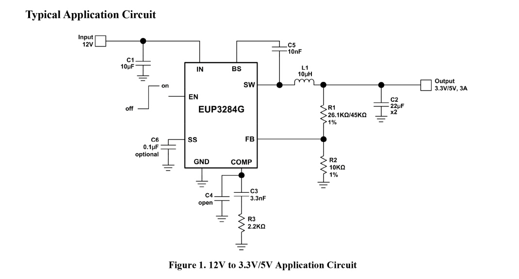 EUP3284H/G 12V至3.3V/5V典型應用電路圖